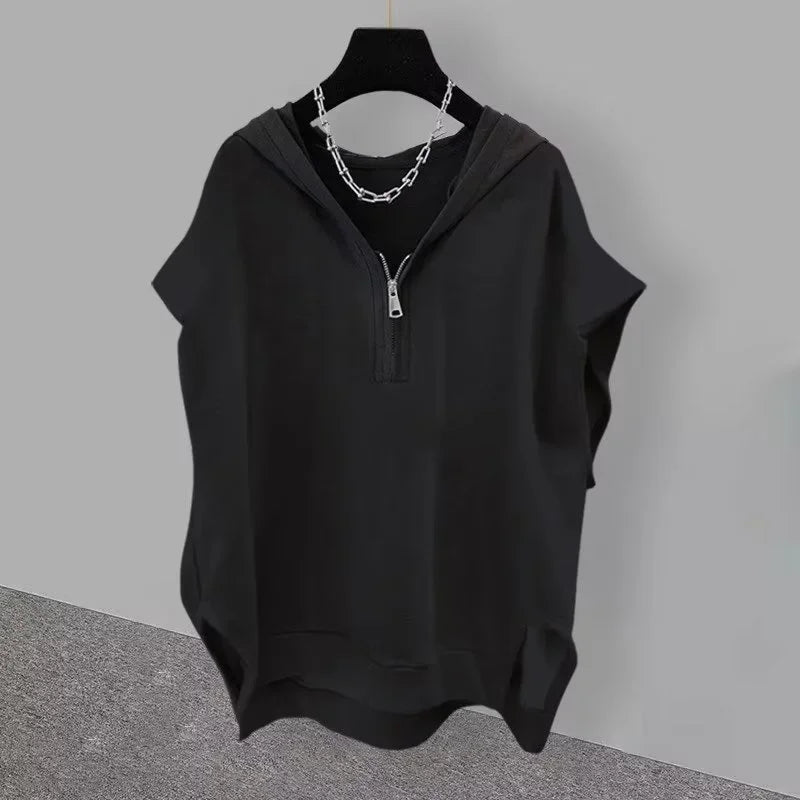 Glitchcore Barcode glitch – Summer Zipper Hooded Sleeveless T Shirt Mens Korean Fashion