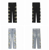 side destroyed ripped holes denim jeans pants mens casual patchwork camouflage loose straight joggers hip hop streetwear jeans unique joggers style 4087