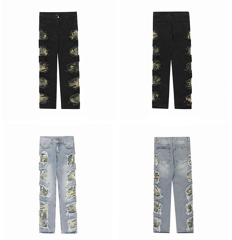 side destroyed ripped holes denim jeans pants mens casual patchwork camouflage loose straight joggers hip hop streetwear jeans unique joggers style 4087