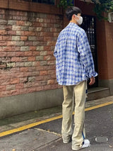 spring street fashion set mens blue plaid printed shirt color blocking trendy jeans 2 pcs set retro college suit male new unique jeans style 4683