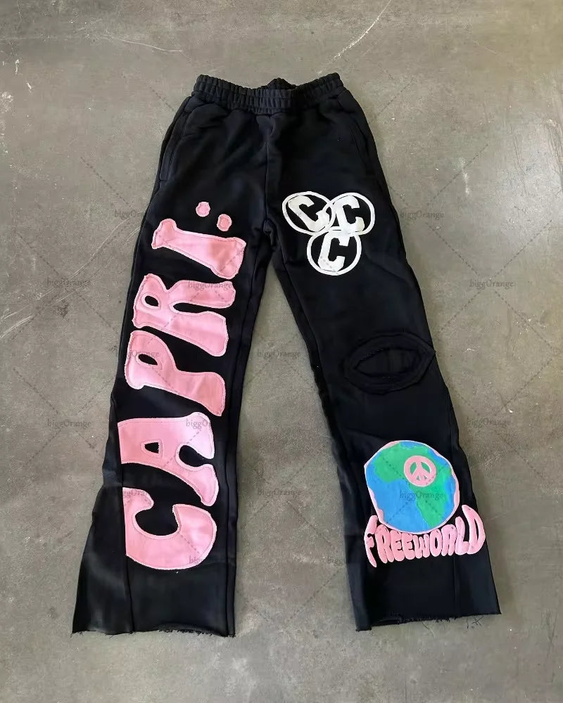 gothic retro letter embroidered trousers men y2k american high waist sports pants loose casual versatile wide leg pants women unique default style 3550