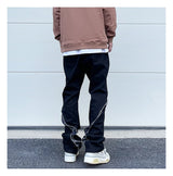 high street black white straight zipper becomes slightly flared denim jeans harajuku casual hip hop cashew flower jeans for men unique jeans style 4423