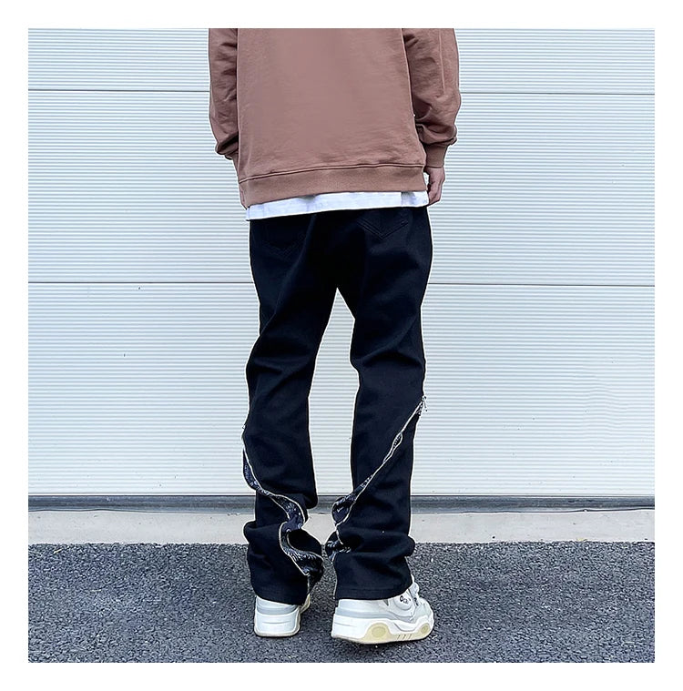 high street black white straight zipper becomes slightly flared denim jeans harajuku casual hip hop cashew flower jeans for men unique jeans style 4423