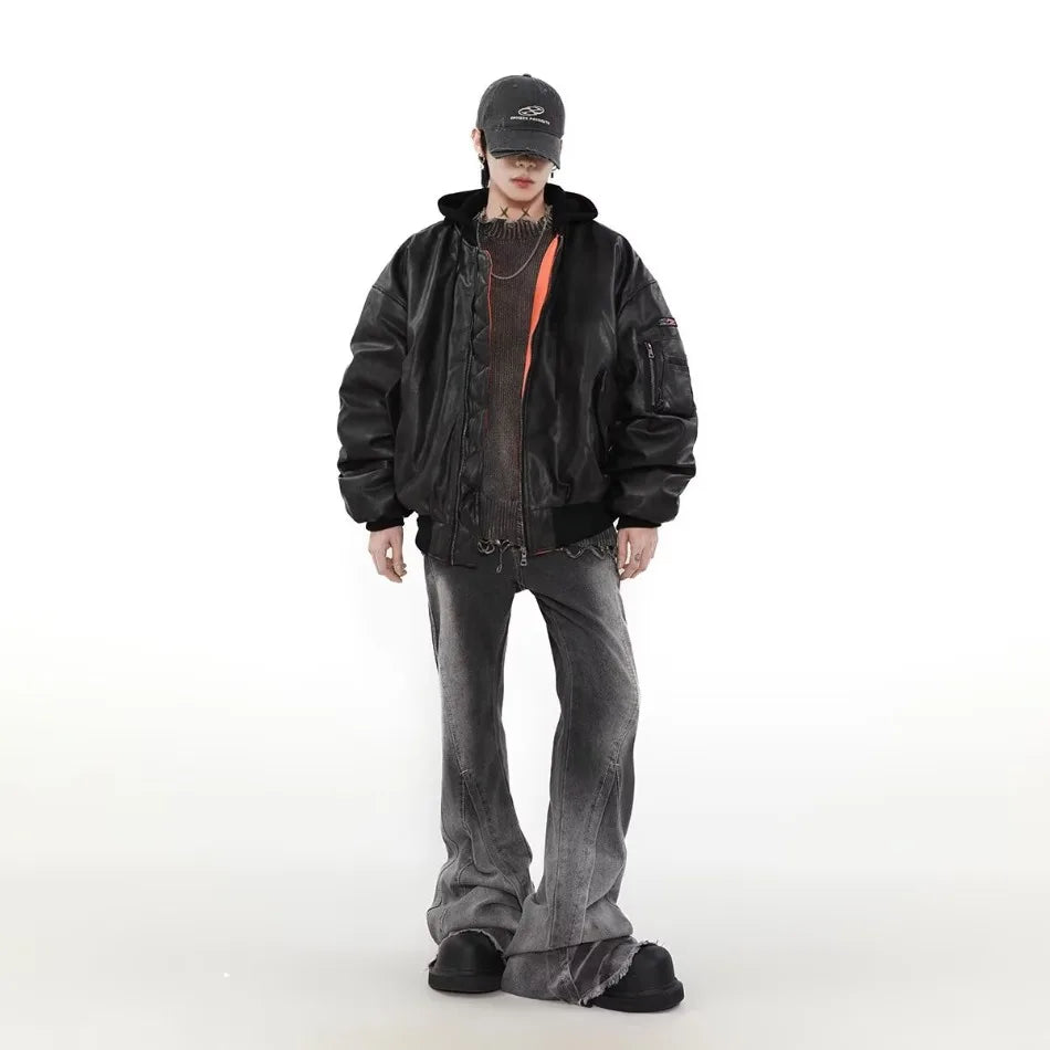 Winter American Fake Two Pieces Parkas Mens Heavy Weight Thicken Hip Hop PU Leather Cotton Jacket Trend Loose Motorcycle Coats