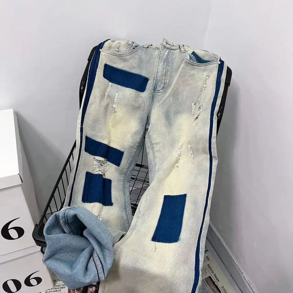 men and women trendy high street retro washed ripped color blocked jeans summer hip hop loose straight leg casual pants y2k denim street jeans