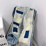 men and women trendy high street retro washed ripped color blocked jeans summer hip hop loose straight leg casual pants y2k denim street jeans