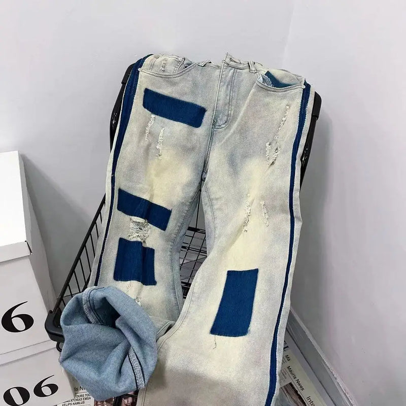 men and women trendy high street retro washed ripped color blocked jeans summer hip hop loose straight leg casual pants y2k denim street jeans
