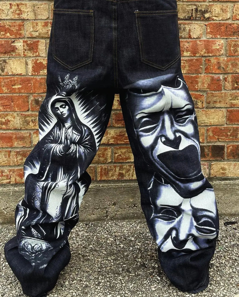 harajuku retro y2k pants gothic skateboard jeans skull denim print loose slouchy jeans men women pants streetwear hip hop jeans unique jeans style 4118