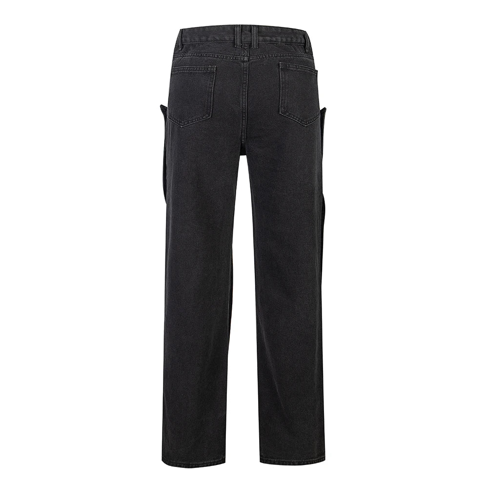 detachable button black washed baggy jeans for men straight harajuku ropa hombre loose denim trousers oversized cargo pants utility cargo pants