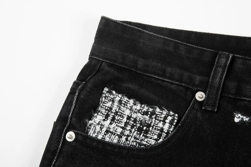 black white checkered patchwork straight leg denim trousers men hip hop splashed ink logging pants jeans slim fit washed torn unique jeans style 564