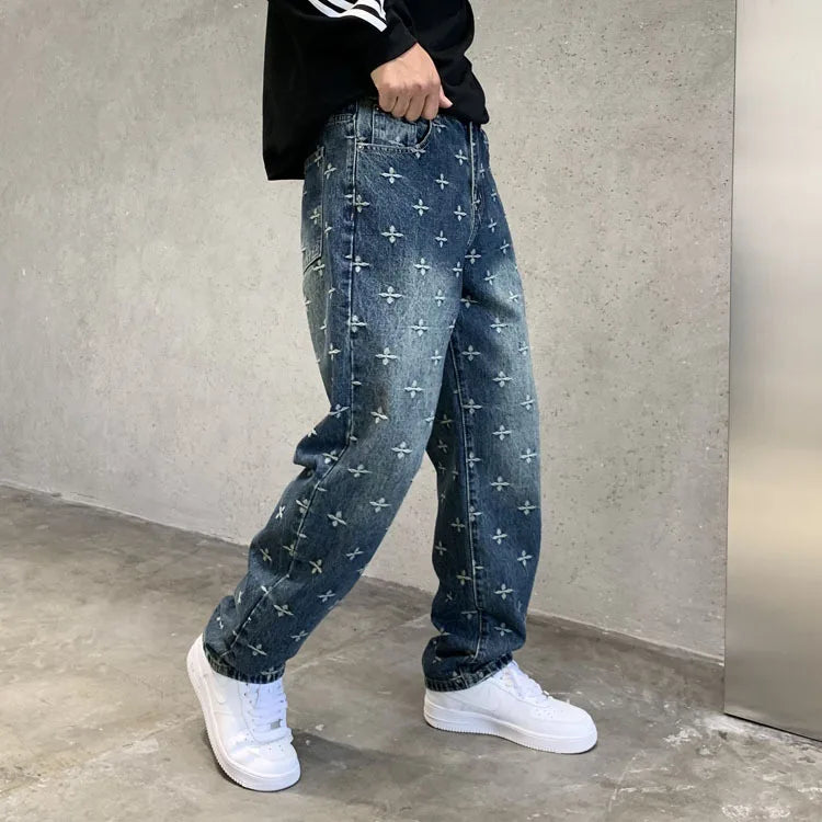 autumn winter new trendy brand jacquard jeans men high street hiphop casual fashion loose denim jeans pants boyfriend trousers unique jeans style 2950