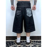 hip hop pockets embroidery letter print jeans shorts for men summer retro oversized wide leg denim knee lenght pants stacked flare jeans