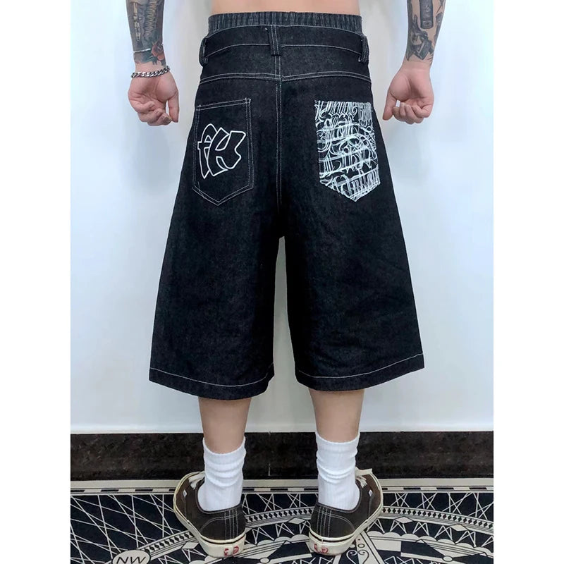 hip hop pockets embroidery letter print jeans shorts for men summer retro oversized wide leg denim knee lenght pants stacked flare jeans