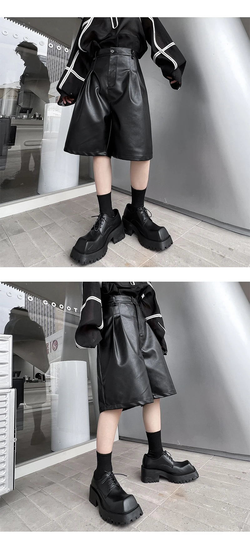 men japanses korean streetwear fashion hip hop loose casual dark black wide leg leather shorts male short pant unique shorts style 923