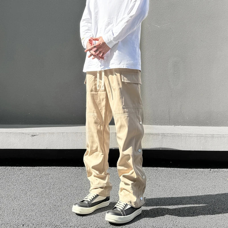 fashion casual hip hop joggers side button trousers elastic waist drawstring track sweatpants new cargo streetwear mens pants unique joggers style 4768
