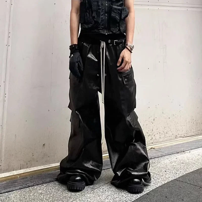 ro style glossy black pu leather pants for men high street y2k pantalones hombre baggy overall wide leg drawstring cargos multi-pocket cargos