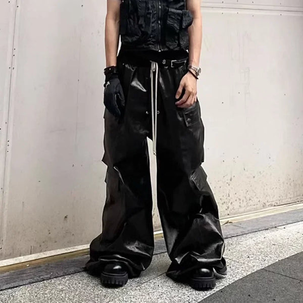 ro style glossy black pu leather pants for men high street y2k pantalones hombre baggy overall wide leg drawstring cargos multi-pocket cargos