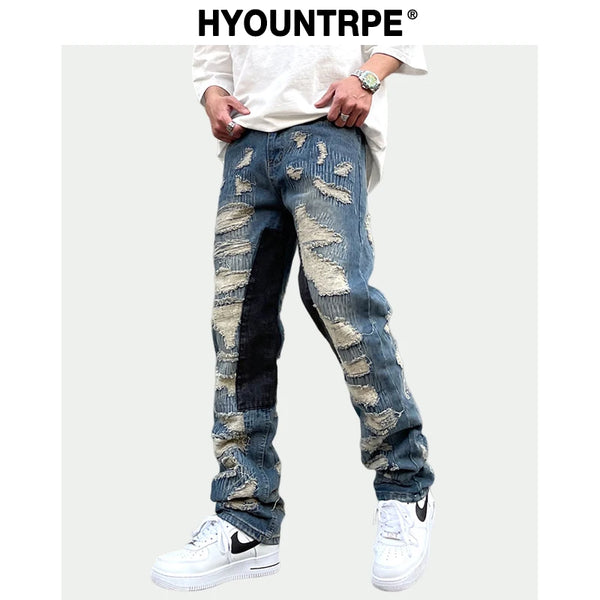 destroy ripped scratched patchwork denim jeans mens casual straight biker zipper trousers streetwear hip hop jean pants joggers urban active pants