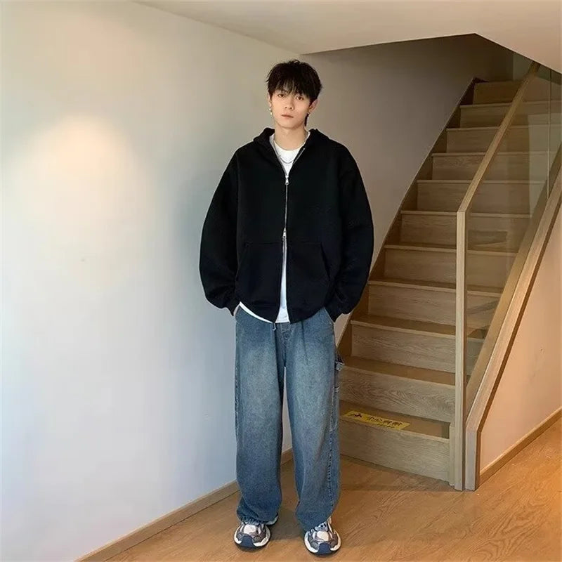 Casual Cotton Street Sweater – Winter Mens Fleece Zipper Hooded Sweatshirts 2025 New Classic Solid Color Oversized Hoodies Y2K Streetwear Outerwear Tracksuit | Zip Knit Drop #234