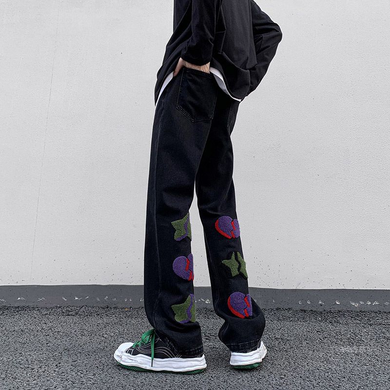 2023 summer new light luxury fashion pants star embroidered jeans mens straight slim pants boutique clothing simple style unique jeans style 3958