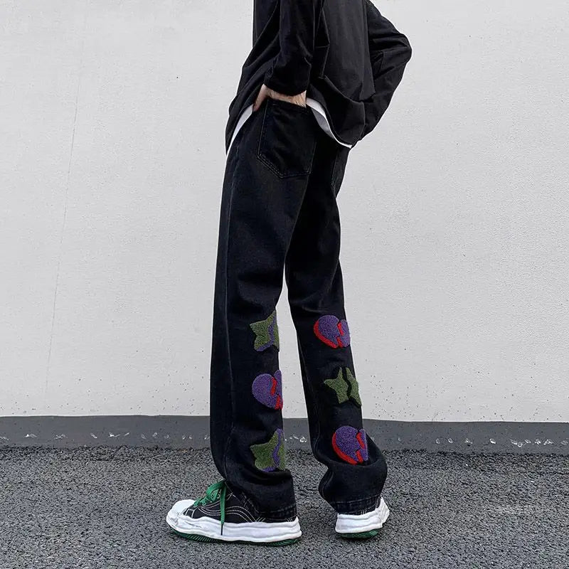 2023 summer new light luxury fashion pants star embroidered jeans mens straight slim pants boutique clothing simple style unique jeans style 3964