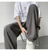 summer texture straight pants for men korean fashion baggy wide leg trousers casual drape pleated striped y2k pantalones hombre unique default style 490