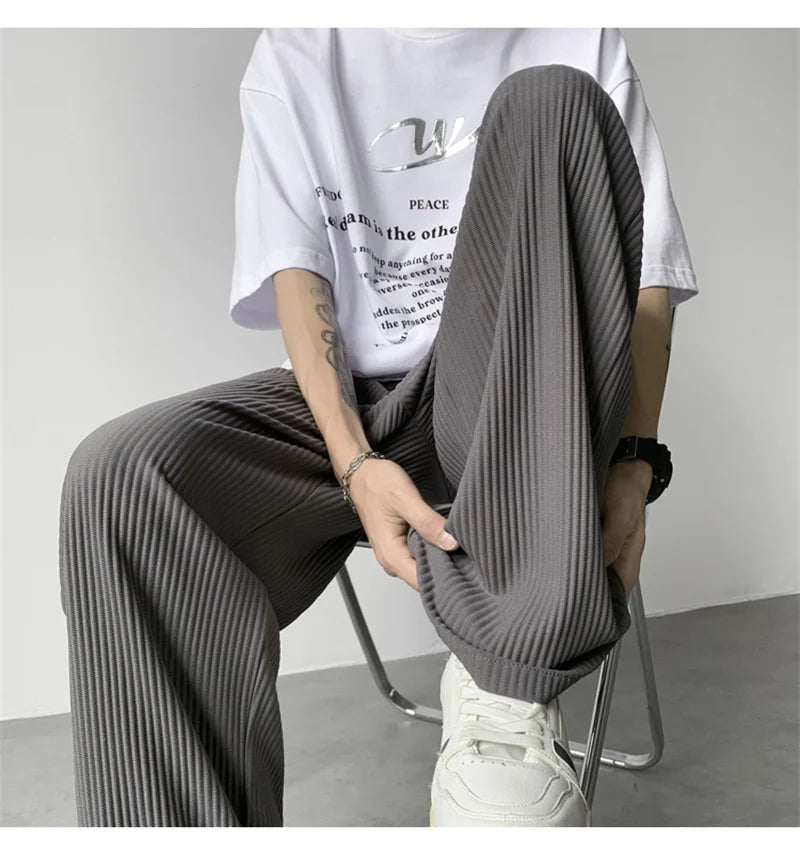 summer texture straight pants for men korean fashion baggy wide leg trousers casual drape pleated striped y2k pantalones hombre unique default style 490
