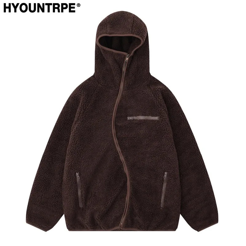 High Street Fleece Hooded Jackets and Coats New Casual Warm Hoodies Hairy Curved Zipper Outerwear Streetwear Winter Men black - variant style 9f0e4f for streetwear fashion