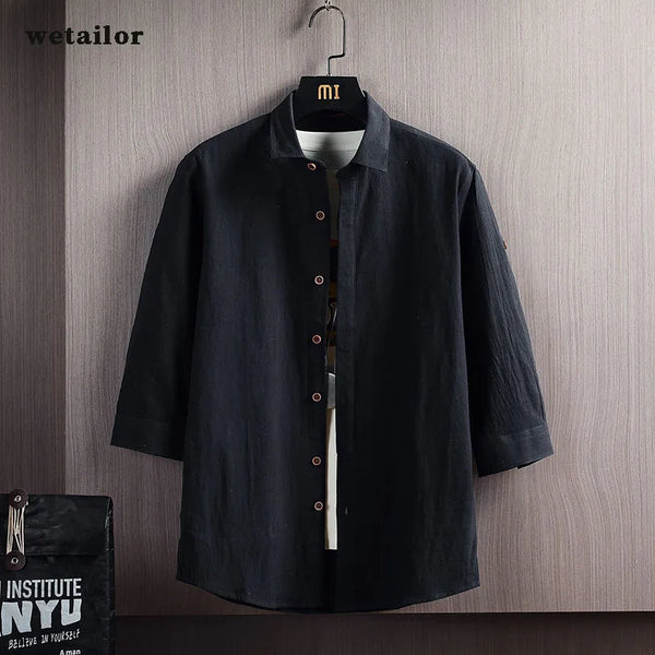 Wetailor New Summer Hot Sale Men's Short Sleeve Shirts Solid Color Easy Care Comfortable Stand-Up Collar Casual Beach Style