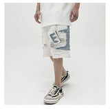 Mens High Street Denim Jean Shorts Casual Loose Destroyed Ripped Holes Loose Shorts Patchwork Hip Hop Streetwear Short Joggers