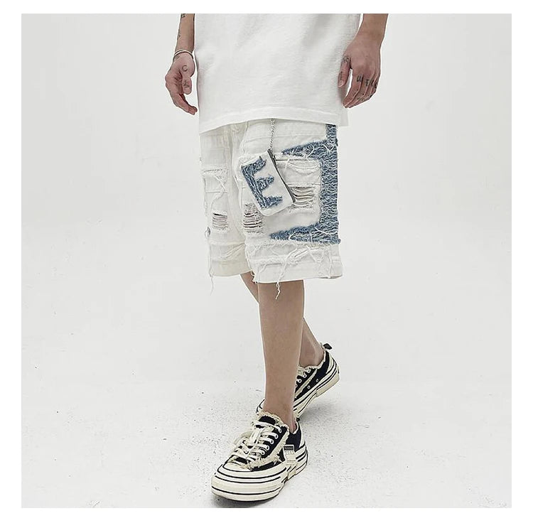 Mens High Street Denim Jean Shorts Casual Loose Destroyed Ripped Holes Loose Shorts Patchwork Hip Hop Streetwear Short Joggers