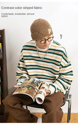 Vaporwave Oversized shirt – Embroidered Striped Contrast Round Neck Cotton Sweatshirts A