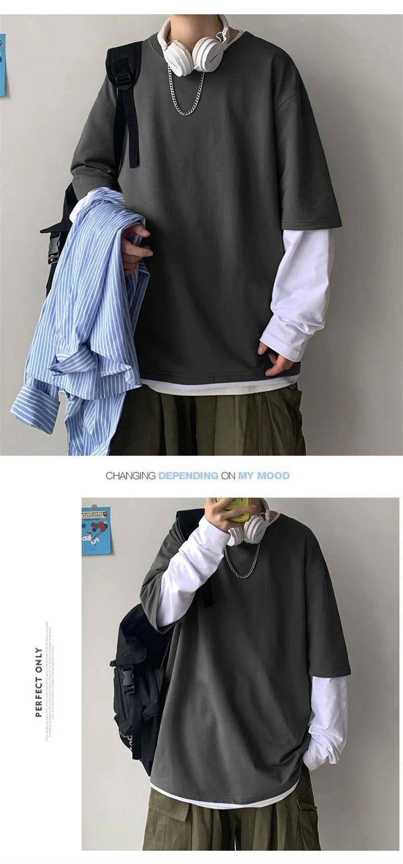 Sadcore Vintage print – Autumn Mens Casual Long Sleeve T Shirt Plus Size Sweatshirts