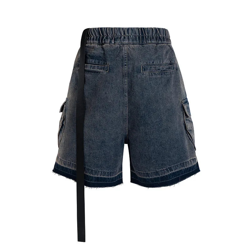 Men's and Women's High Street Vintage Splicing Cat Whisker Cargo Denim Shorts Zip Up Raw Edges Pockets Mens Jeans Shorts Ribbon