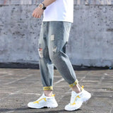 mens jeans with holes man cowboy pants cropped harem hip hop trousers 2024 korean style torn ripped broken retro classic pants stacked flare jeans