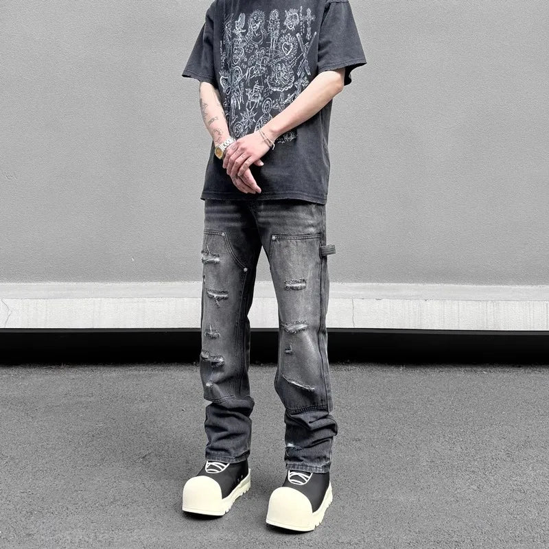 high street distressed black hole washed destroyed jeans casual ripped logging pants straight wide leg denim pants for men unique jeans style 86