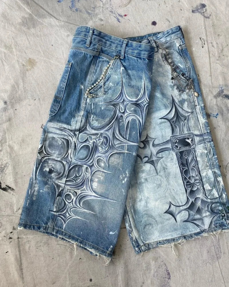 y2k american street retro graffiti anime print oversized denim shorts men shorts high waist fashion loose casual wide leg pants unique jeans style 3492