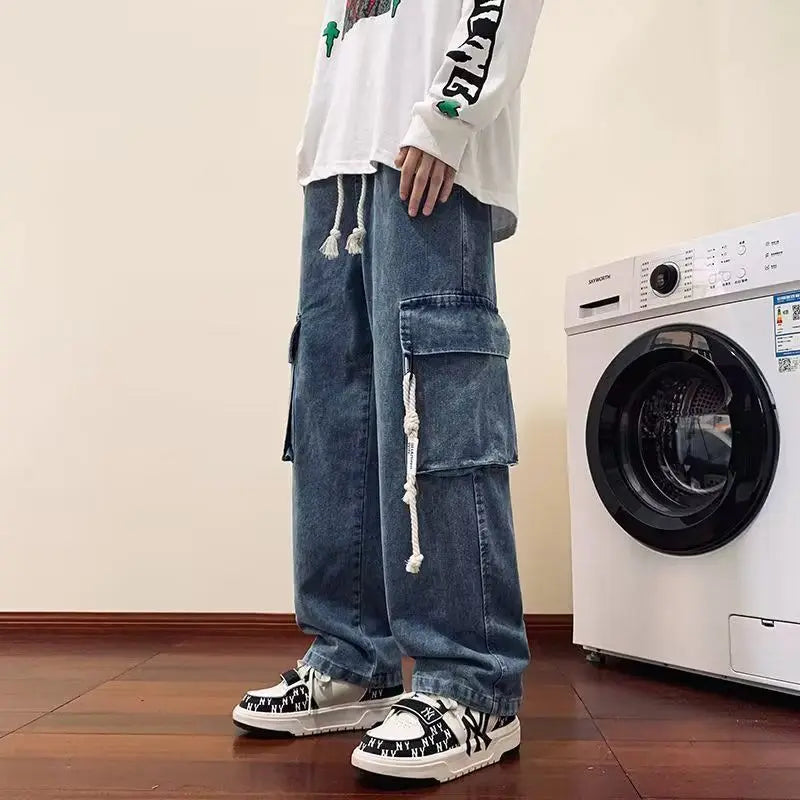 american retro and personalized straight leg jeans for men and women with hiphop big pocket design work pants loose casual pants stacked flare jeans