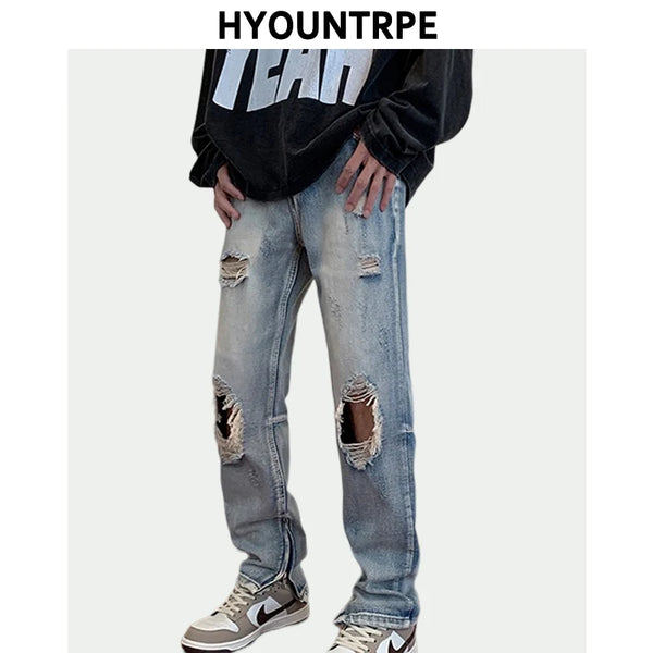 bottom zipper destroyed washed jeans skinny jeans ripped holes trousers men biker jeans fashion streetwear hip hop pants joggers streetwear sweatpants