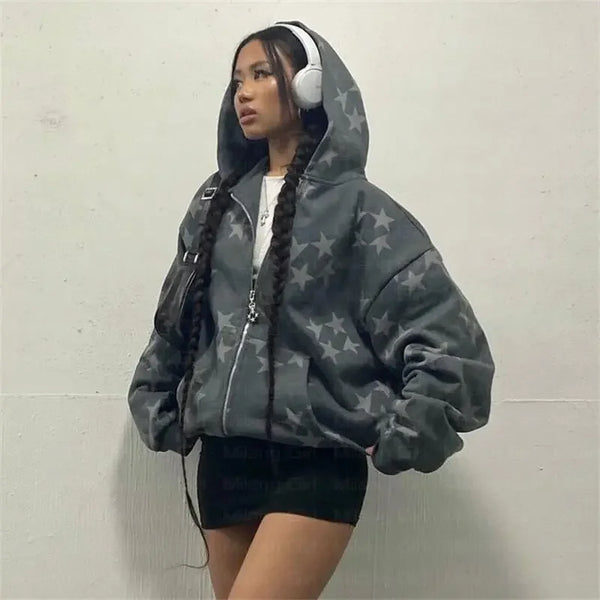 Women Long Sleeved Zip Hoodie Jacket Oversize Streetwear Vintage Fashi