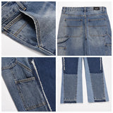 high street fashion contrast straight tube micro flared jean horn pant washing mens tassel vintage patchwork wide denim jeans unique jeans style 4986