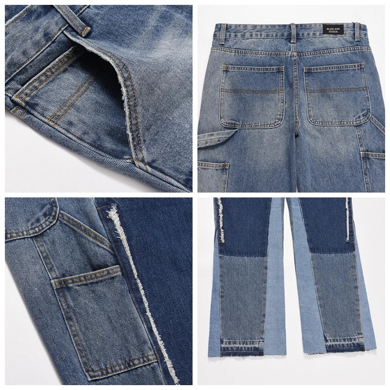high street fashion contrast straight tube micro flared jean horn pant washing mens tassel vintage patchwork wide denim jeans unique jeans style 4986