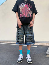 destroy ripped big holes spliced denim jeans shorts hip hop loose short pant harajuku half baggy jeans mens summer casual shorts unique jeans style 2679