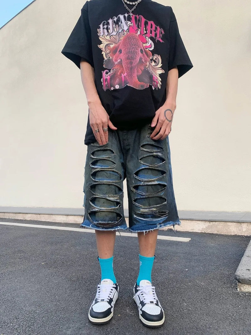 destroy ripped big holes spliced denim jeans shorts hip hop loose short pant harajuku half baggy jeans mens summer casual shorts unique jeans style 2679