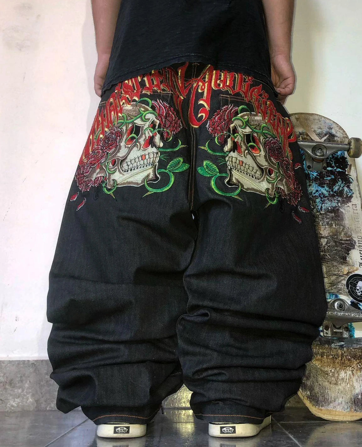 goth hip hop oversized skull embroidery pattern y2k baggy jeans new men and women straight black jeans retro casual denim pants unique jeans style 921