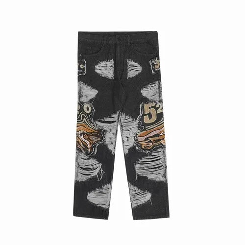 fashion embroidery destroyed ripped tassel holes denim jean pants mens casual loose straight jeans hip hop streetwear joggers unique joggers style 4334