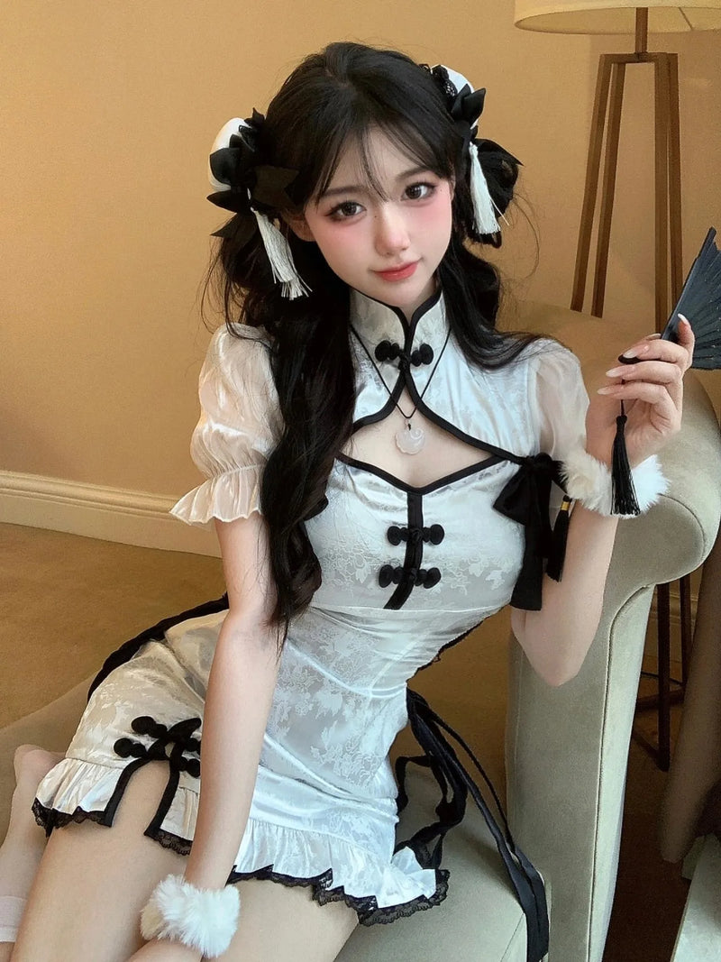 Vintage Chinese Style Cheongsam High Split Mini Dress 2024 Tie Dye Gothic Women Aesthetic Bandage Dresses Y2k Sexy Bodycon Robe