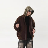 American Hoodie Mens Detachable Hat Grid Pattern Color Block Loose Fak