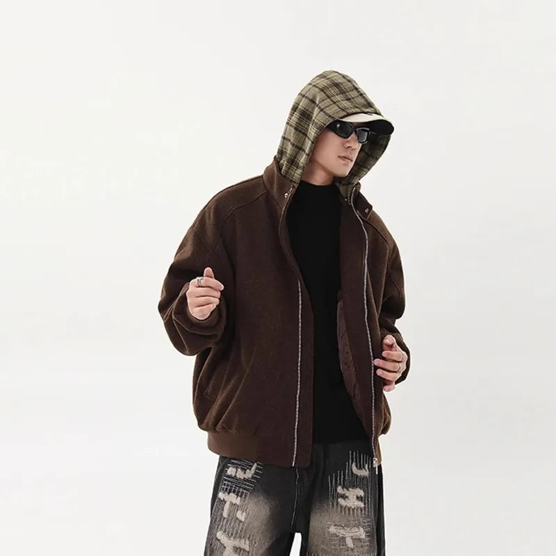 American Hoodie Mens Detachable Hat Grid Pattern Color Block Loose Fak