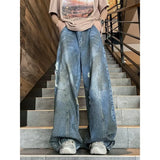 american style dirty and torn hole design straight leg wide leg jeans for men and women high street loose street casual pants ripped baggy denim